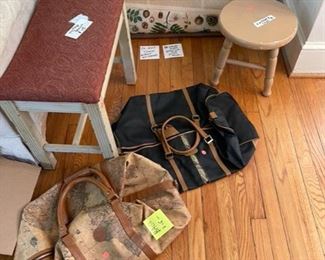 Misc. bags , school charts, vintage stools
