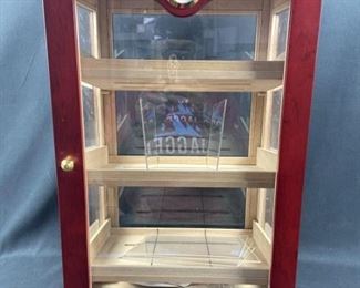 Large Cherrywood Cigar Humidor, Like New in Box. Includes original carboard inner/outer box it was shipped in. Appears unused with all inserts and 2 black humidifier inserts. Nice tabletop unit. Measures approx. 23 x 14-1/2 x 10-1/2"