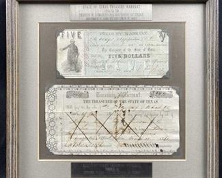 1861-1863 Framed Texas Treasury Warrants, Nice