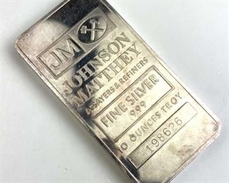 10oz Troy Silver Bar .999, Retro Johnson Matthew JM, tested and guaranteed authentic pure .999 silver