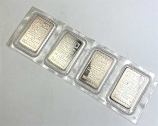 (4) Retro 5 Gram Johnson Matthey Silver Bars, BU. Highly collectible strip of (4) JM silver bars, 20 grams total in original plastic protectors.
