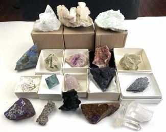 Unique Rock & Crystal Collection
Wow! Awesome collection all for one price! This would make a great starter set, teaching aid, or addition to your rock & crystal collection. These specimen were collected from around the world.
Includes the following fine specimen: (starting forward, left, going one row, left to right at a time) Rare Peacock Ore, Fulgurite 'Frozen Lightning', Black Tourmaline Schorl, Boulder Opal from Queensland Australia, Several small quartz points from Arkansas, Desert Rose from NM, Polished Octahedral Fluorite (Hunan, China), Amethyst Cactus (South Africa), Purple Fluorite Crystal (Mexico), Black Kyanite (Brazil), Labradorite, Green Tourmaline in Quartz, Cobaltian Calcite (Congo), Stalactitic Quartz (Morocco), Hanksite Crystal (California), and several Zeolites from India.