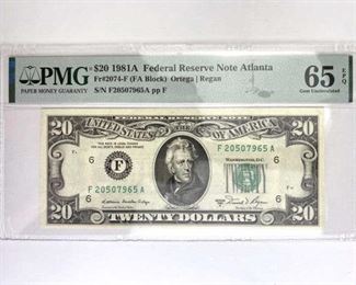 1981-A $20 Fed. Res. Note, PMG Gem UNC 65 EPQ