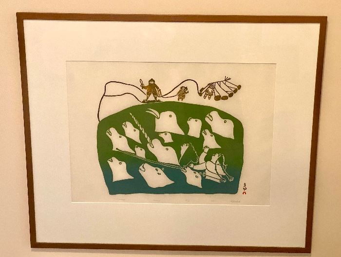 Ashoona Pitseolak  Stonecut, 1971, Cape Dorset- Lumaiyo Framed Art. Numbered/50 and dated 1971. Professionally framed in a wood frame with a single mat. Measures 37” x 31”