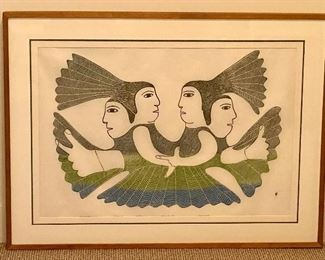 Framed Stonecut by Ashevak Kenojuak; Seamaids; Cape Dorset 1978. 

Beautifully professionally framed with a triple mat. The print is number 27/50 and dated 1978. Measures 29” x 39” 