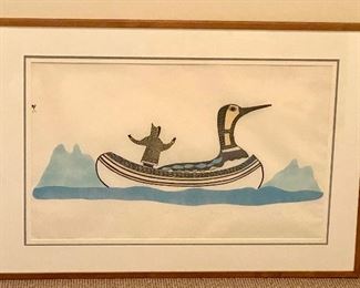 Cape Dorset Stone Cut and Stencil by Pudlat Pudlo entitled, “I Saw a Great Bird”

1979. Professionally framed; triple matted. Measures 39” x 27”. Number 10/50