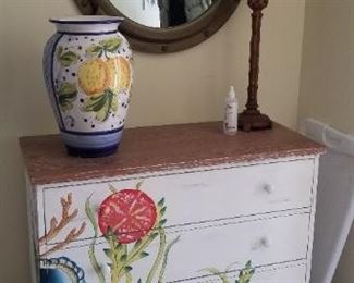 Pretty painted chest of drawers, table lamps and decor