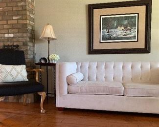 Arm Chairs w Ball & Claw Feet Pair, Fred Fellows "His First Snow" , Tufted Sofa, End Table, Table Lamp