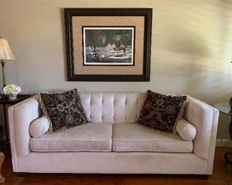 Arm Chairs w Ball & Claw Feet Pair, Fred Fellows "His First Snow" , Coaster Tufted Sofa, End Table, Table Lamp