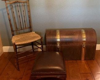 Vintage Chair w Bamboo Back, Footstool, Trunk Line