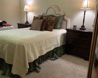 Queen Upholstered Headboard, 3-Drawer Nightstands, Table Lamps