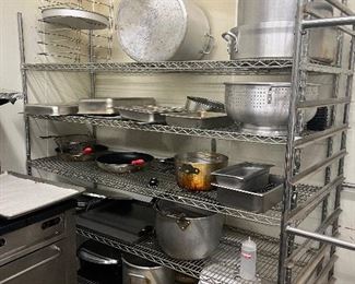 Various commercial kitchen racks and pots etc