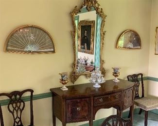 English sideboard; 4 Chippendale chairs; 8 rounded reproduction Chippendale chairs, pier mirror, framed fans