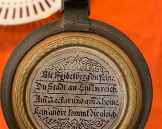 Mettlach stein -Heidelberg  Inscription says: Old Heidelburg -you fine city, so honorable! On Nekar and the Rhein, no other city can compare! 