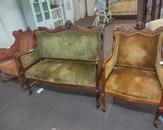 antique settee and chair and rocker