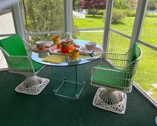 Bloomie's 1986 glass table for two and 2 chairs from the extensive Russell Woodard MCM Spun Fiberglass Outdoor Furniture Set 