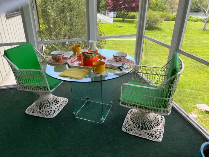 Bloomie's 1986 glass table for two and 2 chairs from the extensive Russell Woodard MCM Spun Fiberglass Outdoor Furniture Set 