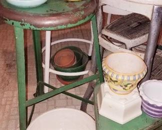 Much vintage kitchen items. Primitive painted metal stool.