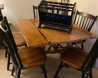 SIGNED ORIGINAL HITCHCOCK CHAIRS, TABLE AND MAGAZINE STAND 