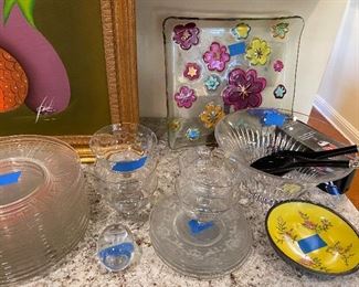 enamel ware, crystal and vintage etched glass 