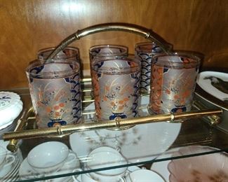 Vintage Tumbler Glass Set W/ Metal Bamboo Holder