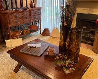 Wicker-Rattan Sideboard by Thomasville; wood coffee/cocktail table with fold out leaves; backgammon set; Decor: candle holders, vases, buffet lamps and more