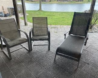 Patio chaise lounger and side chairs - cast aluminum and nylon mesh - in great condition
