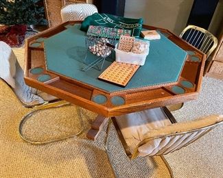 Game table;  4 Mid-Century brass chairs with cushions