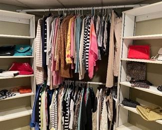 Women's clothing:  size L  (10 - 12); sweaters, casual tops, swimsuit coverups; jackets; purses