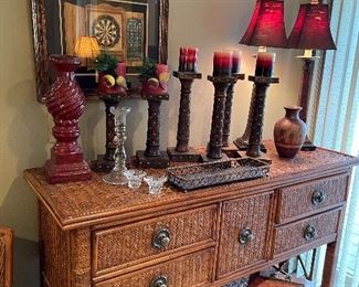 Wicker and Rattan sideboard; buffet lamps; pillar candle holders and more!