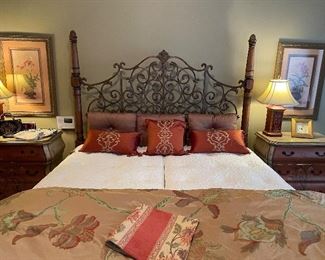 King Poster bed; Handmade Twin XL mattress sets - Beds by Design; 3-drawer chests - matched set, framed prints; lamps - matched sets; custom King duvet and silk pillows