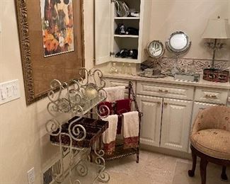 Iron and glass 3-tiered etege'; metal towel rack; framed print; Lighted make-up mirrors, hair dryers and MORE!