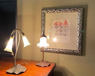 Matched set of prints and frosted glass/metal table lamps