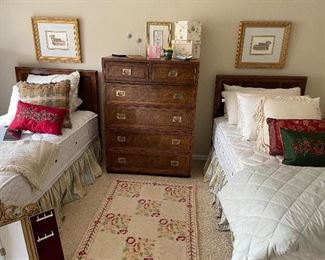 Twin headboards with mattress sets (mattress and box springs) - excellent condition; tall dresser (matches headboards) wool area - needlepoint rug; down pillows; king duvet coverlet; framed prints and more