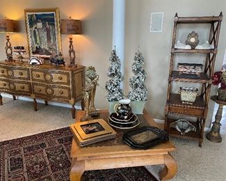 Leather topped sideboard with 4-drawers; buffet lamps; French cocktail artwork; Etege' - Palmer Home by Thomasville;  Wool Area Rug (8x10); square cocktail table