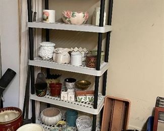 Storage shelf; ceramic and metal planters