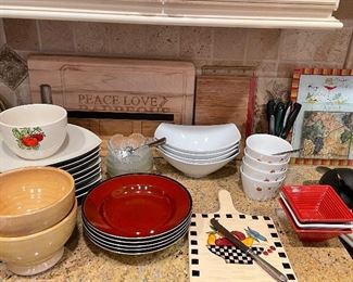 Ceramic and porcelain bowls and plates; wood and tempered glass cutting/cheese boards
