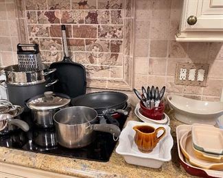 Pots and pans; casserole dishes; Cuisinart steak knives - set