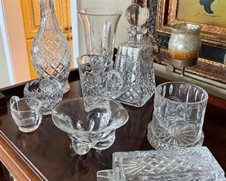Waterford and crystal:  decanters, vases; butter dish, pillar candle holder and more!