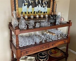 Ralph Lauren 3-tier sideboard with 2 drawers; Glassware:  Ralph Lauren, Waterford, and more; Ceramic service pieces; Framed print - French Waiters
