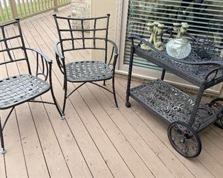 Cast aluminum patio chairs and bar cart