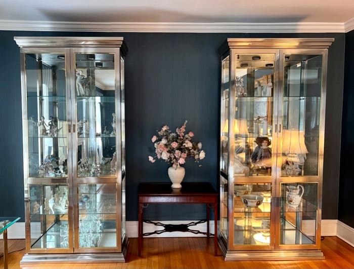 Pair vintage Chrome & glass lighted Etageres 