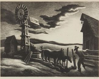 2
Thomas Hart Benton
1889-1975, Kansas City, MO
"Nebraska Evening," 1941
Lithograph on paper under glass
From the edition of 250; signed in pencil in the lower margin, at right: Benton; Associated American Artists, New York, pub., and with their printed information card affixed to the frame's backing paper
Image: 10" H x 13" W; Sheet: 12" H x 15" W
Estimate: $1,000 - $2,000