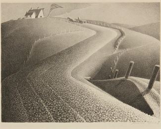 1
Grant Wood
1891-1942, Cedar Rapids, IA
"March," 1939
Lithograph on paper under glass
From the edition of 250; signed in pencil lower right: Grant Wood; Associated American Artists, pub., and with their printed information card affixed to the backboard of the frame
Image: 8.875" H x 11.75" W; Sheet: 12" H x 15.875" W
Estimate: $2,000 - $3,000