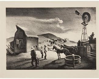 3
Thomas Hart Benton
1889-1975, Kansas City, MO
"The Corral," 1948
Lithograph on wove paper
From the edition of 250; signed in pencil in the lower margin, at right: Benton; Associated American Artists, New York, pub.
Image: 9.625" H x 13.75" W; Sheet: 12" H x 16" W
Estimate: $1,000 - $2,000