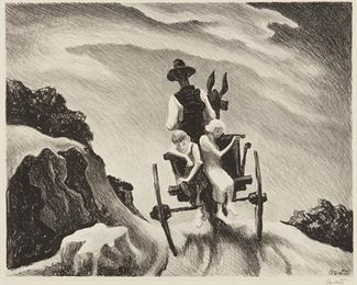 5
Thomas Hart Benton
1889-1975, Kansas City, MO
"Goin' Home," 1937
Lithograph on wove paper, watermark Rives
From the edition of 250; signed in pencil in the lower margin, at right: Benton; Associated American Artists, New York, pub.
Image: 9.375" H x 11.875" W; Sheet: 11.875" H x 16" W
Estimate: $1,000 - $2,000