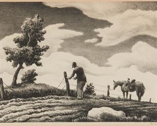 6
Thomas Hart Benton
1889-1975, Kansas City, MO
"The Fence Mender," 1940
Lithograph on paper under glass
From the edition of 250; signed in pencil in the lower margin, at right: Benton; Associated American Artists, New York, pub.
Image: 9.875" H x 13.875" W; Sheet: 11.5" H x 15.5" W
Estimate: $1,000 - $2,000