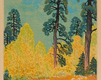 7
Gustave Baumann
1881-1971, Santa Fe, NM
"Pine And Aspen," 1920
Color woodcut on cream laid paper, watermark the artist's hand-in-heart, under glass
Signed: Gustave Baumann, together with the artist's hand-in-heart orange ink stamp, and titled and inscribed "III 90-125, 1946," all in pencil in the lower margin
Image: 12.875" H x 12.75" W; Sheet: 17" H x 14.25" W
Estimate: $10,000 - $15,000