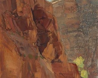 9
Frank Tenney Johnson
1874-1939, Los Angeles, CA
"A Rocky Southwest Landscape"
Oil on board
Appears unsigned; the artist's estate label and number, verso
16" H x 11.75" W
Estimate: $2,000 - $3,000
