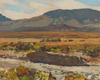 10
Frank Tenney Johnson
1874-1939, Los Angeles, CA
"Desert Study"
Oil on Masonite
Appears unsigned; the artist's estate label and number, verso
12" H x 16" W
Estimate: $2,000 - $3,000